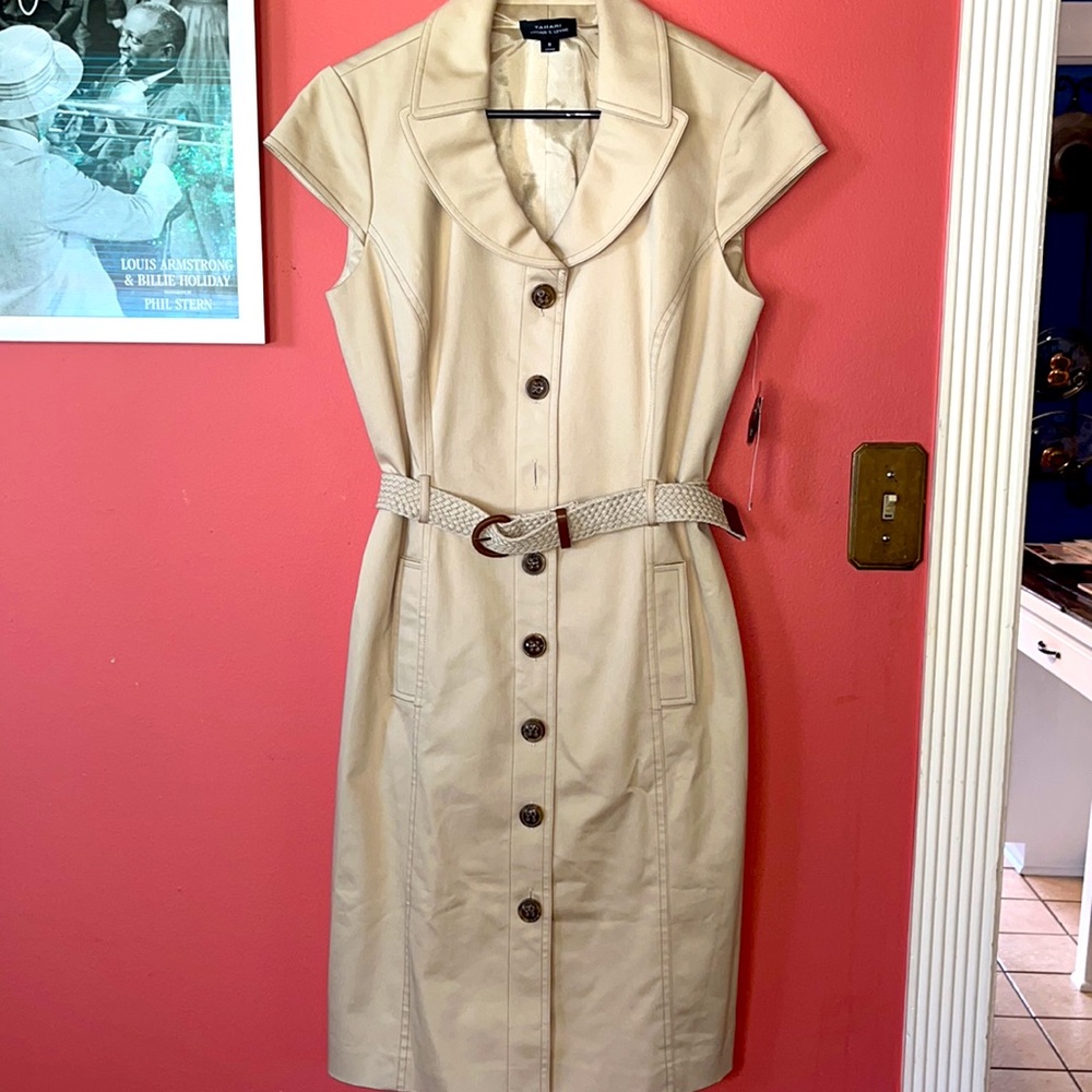 Tahari NWT Arthur S. Levine Dress Knee Length Khaki Tan Cap Sleeves Size 8 - Picture 9 of 15